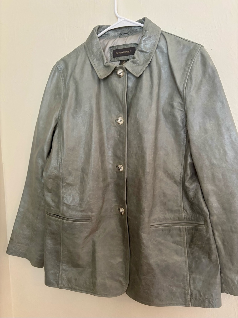 Y2K Banana Republic Women’s Vintage Leather Jacket Sage Green 14 - Picture 2 of 9